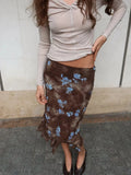 Daiiibabyyy  Dark Brown Vintage Blue Floral Cool Midi Skirt Elastic Waist Asymmetric Hem Floral Maxi Skirt Date Block Check-In Outfit