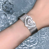 Daiiibabyyy  Y2K Metal Crystal Heart Wide Bracelets for Men Women Punk Silver Color Bracelets Adjustable Wrist Belt Buckle Cuff Bangle Party