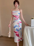 DAIIIBABYYY  -  Summer Boho Print Mesh Chic Ruffled Long Dress Women Elegant Bodycon Sling Sexy Dress 2025 Korean Fashion Luxury One Piece Dress