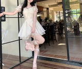 Daiiibabyyy  Summer French Style Square Collar Mini Dress Fashion Gauze Lace Spliced Female Clothing Elegant Puff Sleeve Ball Gown Dresses