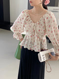DAIIIBABYYY  -  Sweet Just V-neck Drawstring Floral Lace Shirt Women Gentle Lazy Wind Long Sleeve Top