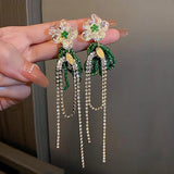 Daiiibabyyy  Sweet Clear Flower Green Crystal Tassel Long Earrings Women's Countryside Style Holiday Temperament Fashion Jewelry