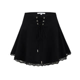 Daiiibabyyy  Holiday Front Cross Lacing up Bandage Bow Zipper Waist Mini Skirt Women White Spliced Lace Hem Ruched Swing A-lined Skirts Black