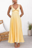 Daiiibabyyy  Summer Woman Dress Spaghetti Strap V Neck Maxi Dress Pleated A Line Silhouette Elegant Party Evening Dress Yellow Teal Emerald