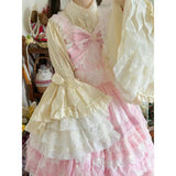 Daiiibabyyy  Long Sleeve Lolita Sweet Kawaii Cosplay Holiday Party Blouse Pink Black White Stand Collar Solid Shirt Lace JK SK Ruffle Tops