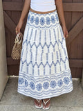 Daiiibabyyy  Bohemian vacation Flower Print Contrast Color Ethnic Loose All Match Long Skirts