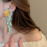 Daiiibabyyy  Minar Elegant Green Resin Miyuki Strand Contrast Color Cloth Big Flowers Long Tassel Dangle Earrings for Women Wholesale Jewelry
