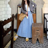 DAIIIBABYYY  -  Summer Milk Dopamine Blue Checkered Skirt, Sweet Pear Shaped Figure, Medium Length A-line Umbrella Skirt