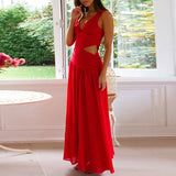 Daiiibabyyy  Fashion Lady V-neck Robe Dress Simple Solid Color Hollow Backless Women's Dress New Summer Casual Sleeveless Pleated Long Dress
