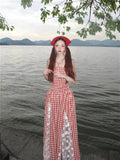 DAIIIBABYYY  -  Retro Red Plaid Holiday Long Dress Lace Patchwork Slash Neck Summer A Line Strap Dress Sleeveless Midi Beach Dress