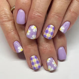 Daiiibabyyy  24PCS Sweet Purple Flowers French False Nails with Glue Simple White Daisy Plaid Patterns Short Square Press on Nails Full Cover