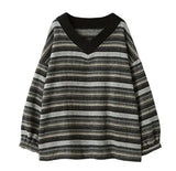 Daiiibabyyy  Women's Winter Clothes Woman V Neck Long Sleeve Loose Fit Oversized Striped Color Block Cotton Blend Hip Length Sweater Female