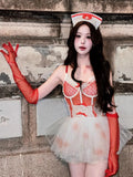 Daiiibabyyy  Sexy Maid Costume Set Halloween Sweetheart Nurse Lace Strap Mesh Pure Desire Puffy Skirt Two-Piece Suit for Women