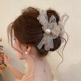 Daiiibabyyy  1PC Mesh Bow Round Bead Hair Clip for Women, High-End Feeling, New Style, Back of Head Hair Clip, Shark Clip Hair Accessory