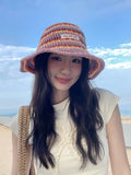 DAIIIBABYYY  -  Korean Fashion Contrasting Stripes Hollow Bucket Hats for Men and Women Summer Travel Sunscreen Versatile Leisure Basin Cap