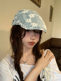 DAIIIBABYYY  -  Flower Embroidery Blue Denim Forward Hat Women Japanese Spring and Summer Lace Splicing Retro Short-brimmed Sunshade Newsboy Cap