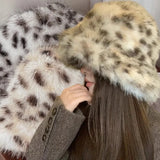 Daiiibabyyy  Korean Style Leopard Print Fuzzy Bucket Hats Warm Thickened Plush Winter Fisherman Hat Adult Unisex Animal Pattern Caps Headwear