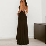 Daiiibabyyy  Sexy V-neck Sleeveless Long Dress Women Elegant Halter Lace-Up Solid Evening Dress Fashion Hight Waist Slim Gowns Party Dresses