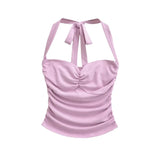 Daiiibabyyy  New Women's Fashion Sexy Backless Halter Neck Tie-up Ruched Tube Top Ultra-short Camisole Top In Solid Color Pure Desire F1MR