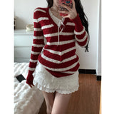 DAIIIBABYYY  -  Women's Contrast Stripes V-neck Bow Long-sleeved Twist Sweaters Autumn and Winter Casual Slimming Versatile Pullovers Knitwear