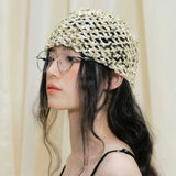 Daiiibabyyy  Retro Vintage Sequin Woven Cap Y2k Knit Sequin Bucket Hat Thin Hollow Beanie Hats Summer