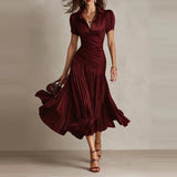 Daiiibabyyy  Collar solid color shirt dress, spring fashion casual short sleeved high waisted dress elegant commuting summer long skirt
