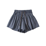 Daiiibabyyy  Korean Women's Casual Shorts With Elastic Waist And Drawstring Pleated Plaid A-line Wide-leg Hot Pants For Trendy Girls EHL7