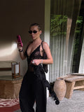 Daiiibabyyy  Women's Black Lace Bodysuit Sexy Deep V Neck Sleeveless Spaghetti Strap Slim Fit Corset Style Bodysuit Tops For Party Clubwear