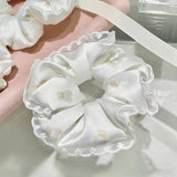 Daiiibabyyy  1PC Cute Bear Print Satin Scrunchies For Girls Lace Trim Hair Ties Soft Elastic Hair Accessories For Daily Wear