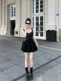 DAIIIBABYYY  -  Black Sequin Camisole Dress Women Summer Short Stature Waist Cinching Temperament Ballet Style A-line Fluffy Short