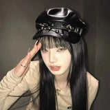 Daiiibabyyy  Harajuku PU Leather Rivet Punk Cap Dark Retro Beret Hat Gothic Spike Cap Black Lolita Cool Painter Hat Mens Women