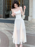DAIIIBABYYY  -  Women Sleeveless Spaghetti Strap Solid Midi Dress Summer Elegant Slim Gauze Sweet Cute Fairy Korean Dresses