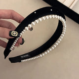 DAIIIBABYYY  -  High-Grade Satin Pearl Headband Korean Retro Double Layer Hair Band Women's Net Red High Skull Top Headband Head Accessories