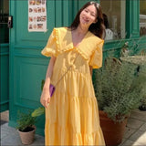 DAIIIBABYYY  -  Prairie Retro Fashion Long Dress Yellow White Summer Puff Sleeve Dream Dating Dress Slim Waist Midi Loose Casual Holiday Dress