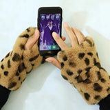 Daiiibabyyy  Imitation Rabbit Hair Leopard Print Half-Finger Gloves WinterPlush Warm Gloves Outdoor Cycling Driving Fingerless Gloves Women