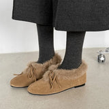 Daiiibabyyy  Retro Brown Satin Low Heel Pumps Women Fashion Bow Decorate Flat Loafers Autumn Winter Warm Fluffy Cotton Shoes Zapatos De Mujer