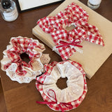 Daiiibabyyy  Women's Scrunchies Sweet Style Red Checkered Heart Shaped Hair Band Sweet Lace Hair Hair Tie Square Scarf Hair Tie Leather Band