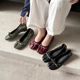 Daiiibabyyy  Ballet Style Vintage Pleated Split Toe Women Pumps Fashion Soft Leather Rivet Bowknot 5CM High Heels Casual Tabi Loafers Shoes