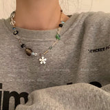 Korean Fashion Resin Flower Heart Necklace For Women Sweet Cute Rhinestone Irregular Geometrics Choker Chain Casual Jewelry Gift