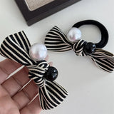DAIIIBABYYY  -  Celebrity Classic Style Striped Pearl Bow Black and White Color Matching Towel Ring Hair Band Texture Hair Rope Hair Accessories