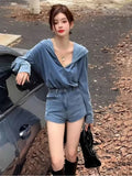DAIIIBABYYY  -  Autumn Women Denim Pants Suits Blue Hooded Pullover Shirt Top Female High Waist Shorts Fashion Streetwear