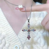 DAIIIBABYYY  -  Y2K Zircon Cross Necklace Pink Purple Love Heart Cross Pendant Necklaces for Women Gothic Jewelry Party Girls Accessories 2024