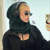 Daiiibabyyy New Women's Hooded Scarf Pullover Hat Solid Color Knit Pullover Drawstring Balaclava Winter Warm Hat Beanie 6 Colors