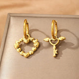 Daiiibabyyy  Stainless Steel Asymmetric Hoop Earrings Light Luxury Romantic Heart Spliced Wings Key Earrings for Women Jewelry Party Matching