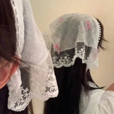 Daiiibabyyy Korean Lace Bow Retro Triangular Scarf Solid Color Headscarf Trend Elegant Headwear for Women Girl Y2K Jewelry 2024 INS Bandana