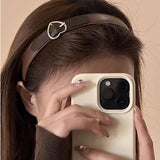 Daiiibabyyy  Fashion Coffee Brown Leather Buckle Hairband Hair Accessories Head Band for Women Spring Autumn Warm PU Leather Heart Headbands