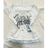 Daiiibabyyy  Cute Star Print Fashion Patchwork Fake Two Piece Short Sleeved Women Waist Slimming Lace Edge V-neck Short Top Summer