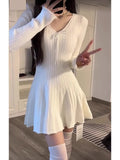 DAIIIBABYYY  -  White V-neck Knitted Dress For Women Spring Autumn Slim Fit Sweater Vestidos High Waist Hundred Fold Spicy Girl Short Dresses