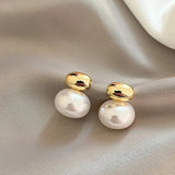 Daiiibabyyy  French Simple Oval Geometric Metal Bean Pearl Stud Earrings Women Temperament Jewelry For Party and Daily Wearing