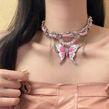DAIIIBABYYY  -  Sweet Cool Dopamine Gradient Pink Butterfly Leather Chain Wrap Necklace